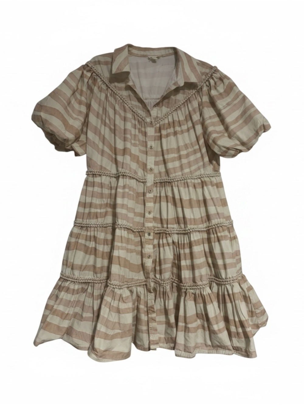 Anthropologie Letruelse Beige & Cream Striped Tiered Mini Dress